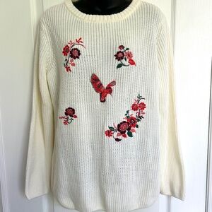 Large Floral Embroidered Sweater Round Neck Pullover Cream Cozy Fall Cottagecore